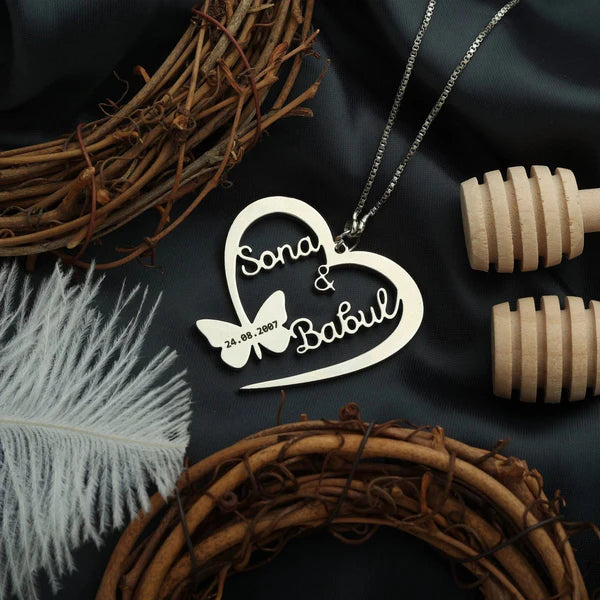Butterfly Heart Couple Name Necklace