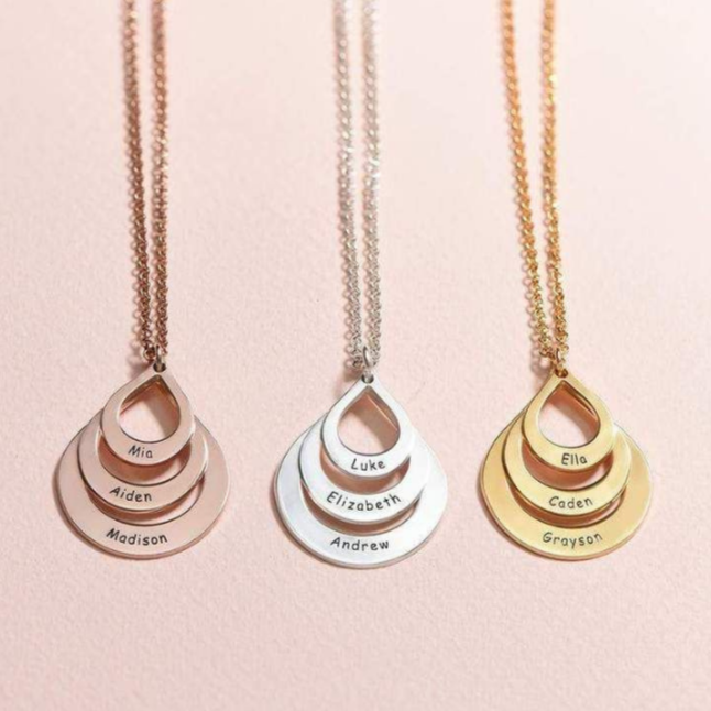 Personalized Engrave 3 Names Water Drop Pendant Necklace