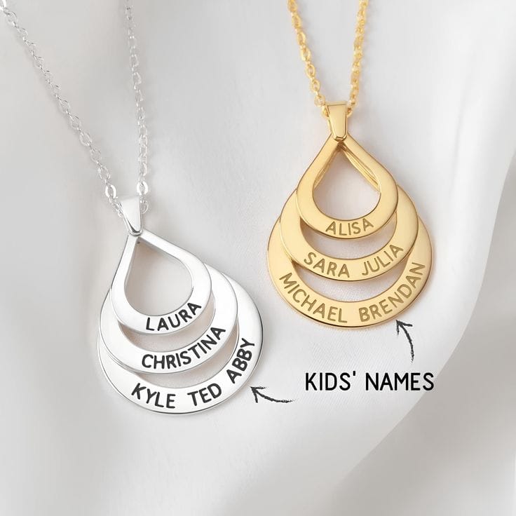 Personalized Engrave 3 Names Water Drop Pendant Necklace