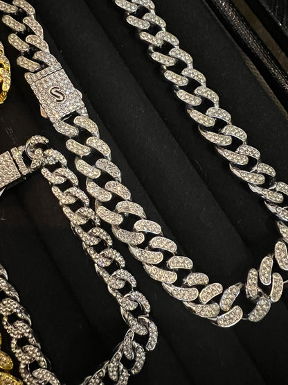 Iced Out Cuban Link Chain & Bracelet Set – Premium Gold & Silver Finish