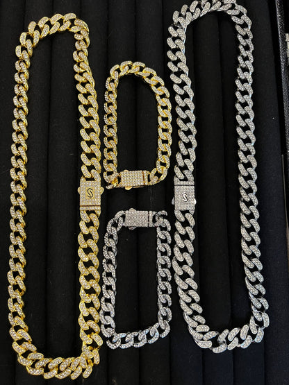 Iced Out Cuban Link Chain & Bracelet Set – Premium Gold & Silver Finish