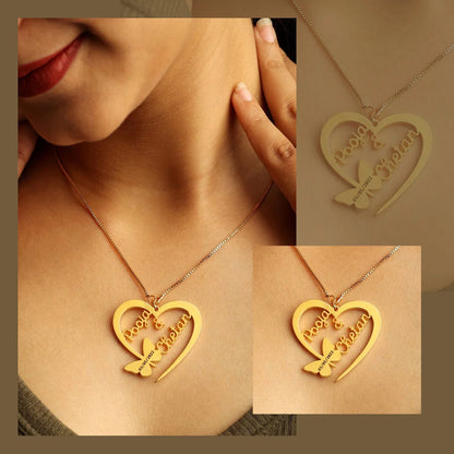 Butterfly Heart Couple Name Necklace