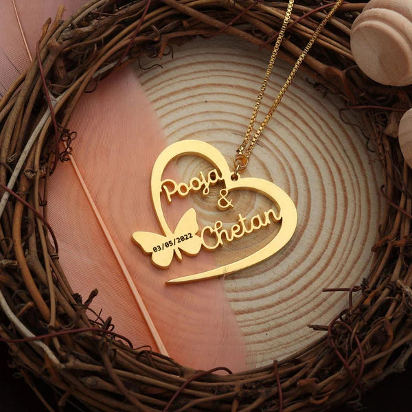 Butterfly Heart Couple Name Necklace