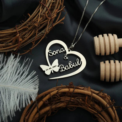 Butterfly Heart Couple Name Necklace