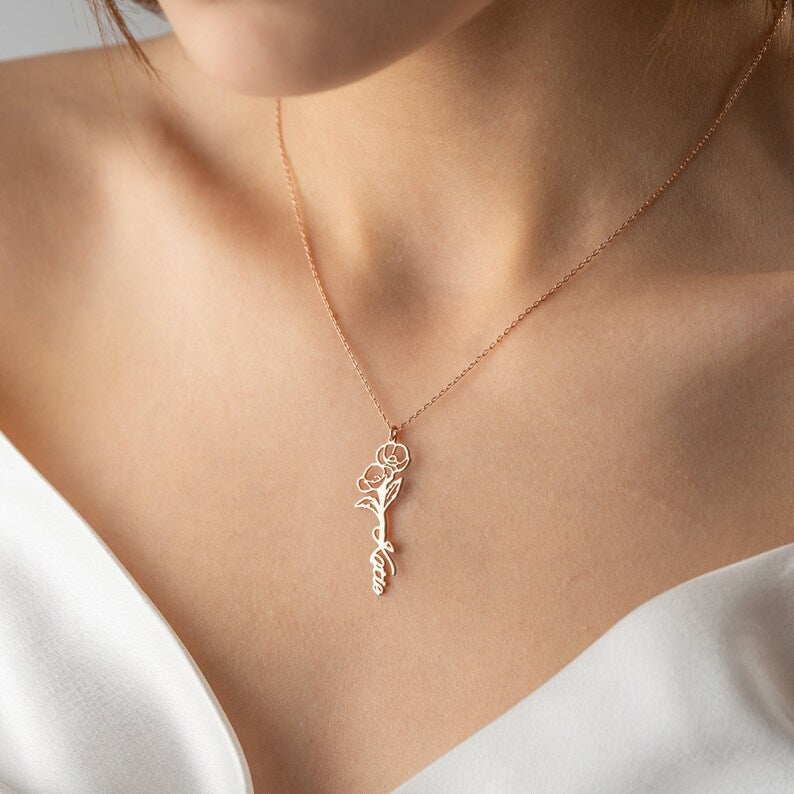 Personalized Birth Flower Name Necklace