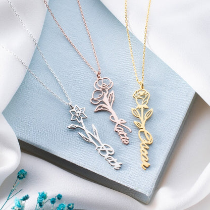 Personalized Birth Flower Name Necklace